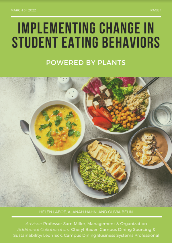 Cover image of capstone, "Implementing Change in Student Eating Behaviors" with image of plant based food. 